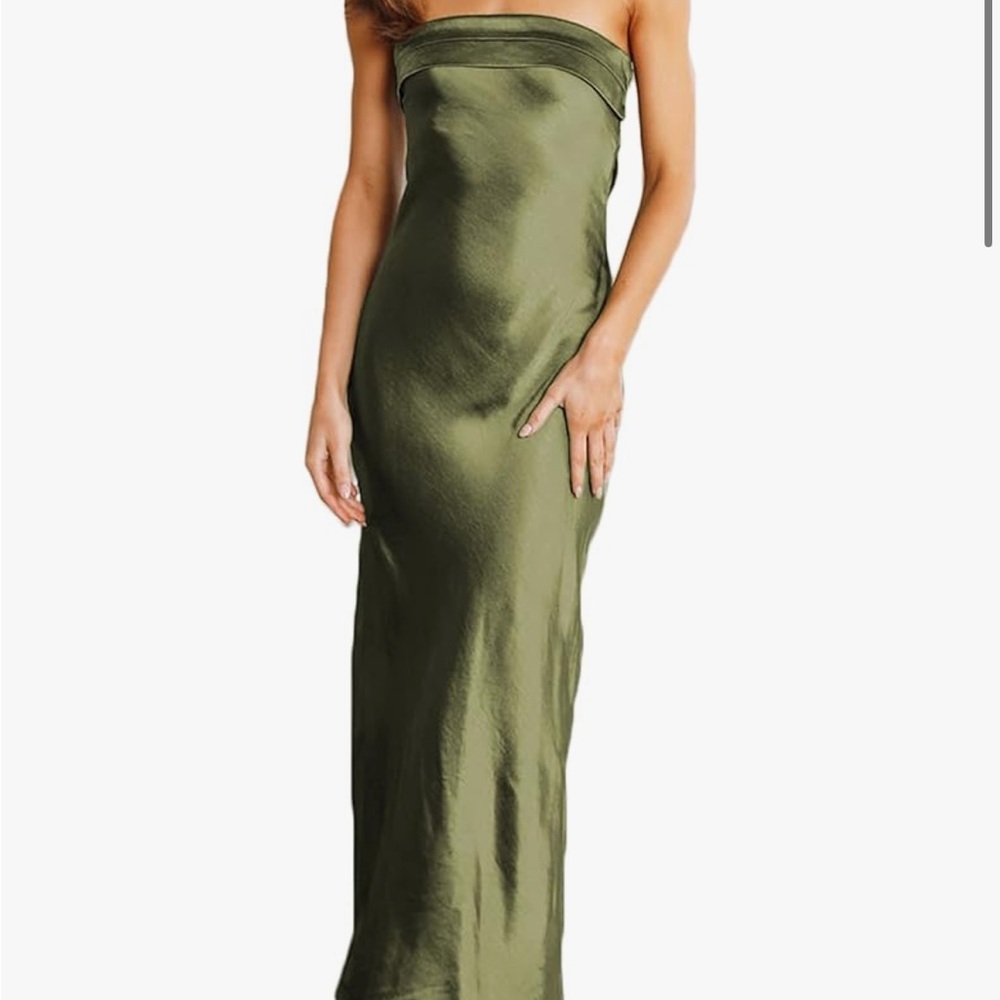 Satin silk olive maxi dress